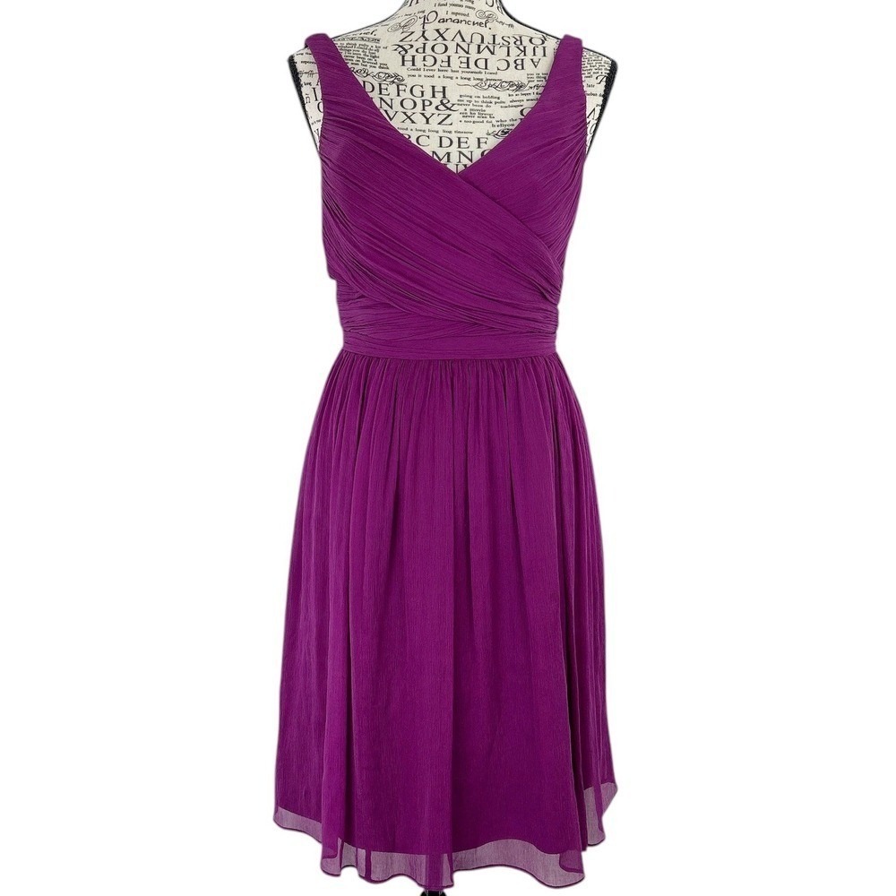 J Crew Purple‎ Silk Chiffon V Neck Dress Size 2 Purple Ruched Bodice Knee Length